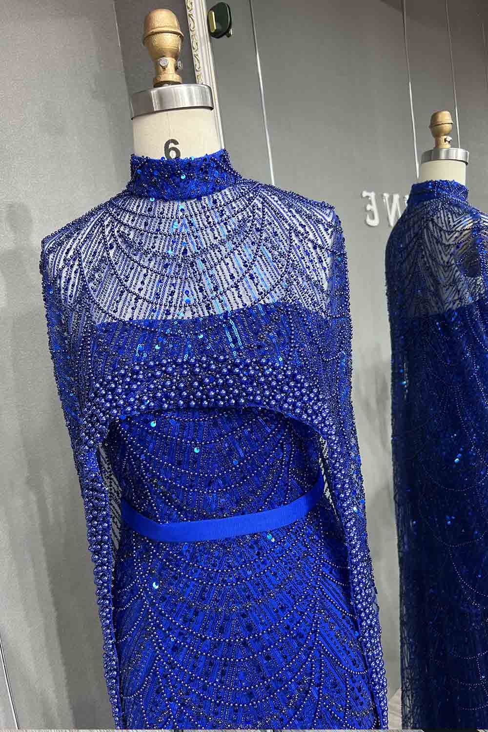 YQLNNE 3007 Royal Blue Pearls Beaded Evening Dress Mermaid