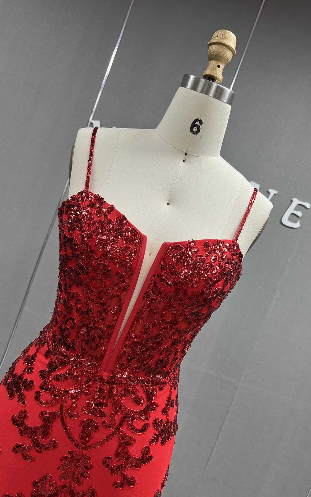 YQLNNE Red Straps Sequined Prom Dresses Long Slit Evening Gowns