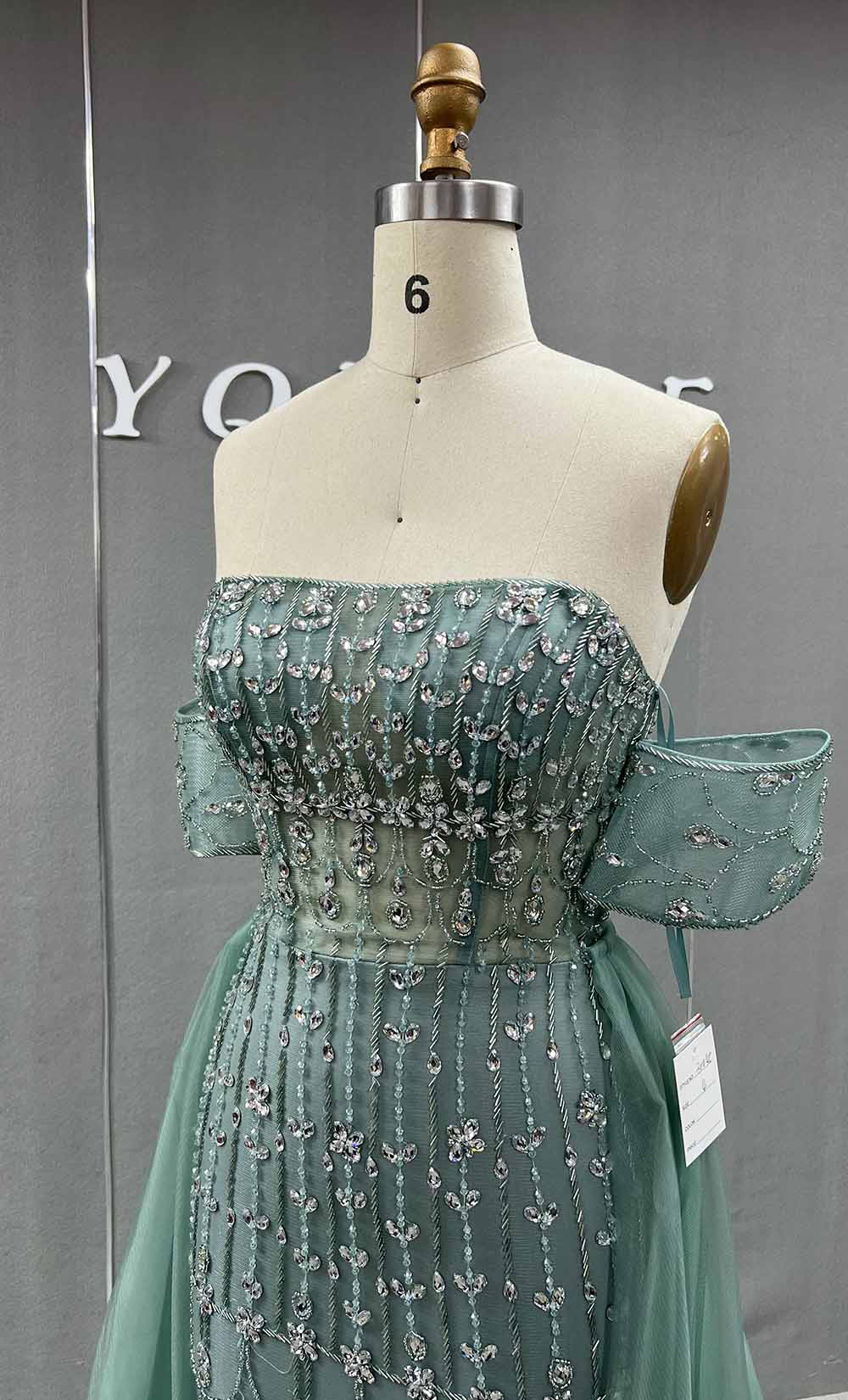 YQLNNE 5019 Sage Green Off Shoulder Evening Dress Crystals Beaded With Removable Train