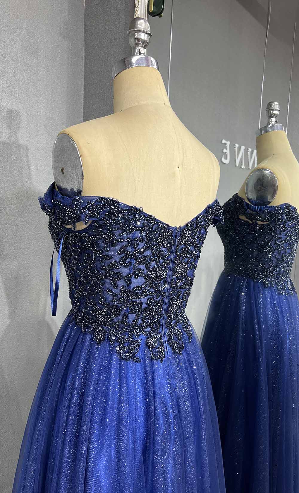 YQLNNE 101 Navy Blue Beading Long Prom Dress Off the Shoulder Party Gown