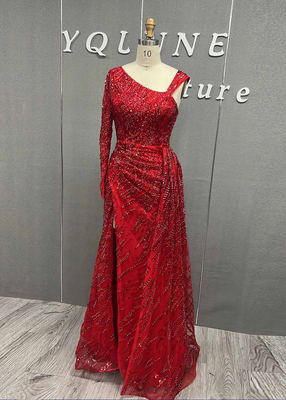 YQLNNE 0122 Royal Blue One Shoulder Crystals Beaded Long Evening Dress With Slit