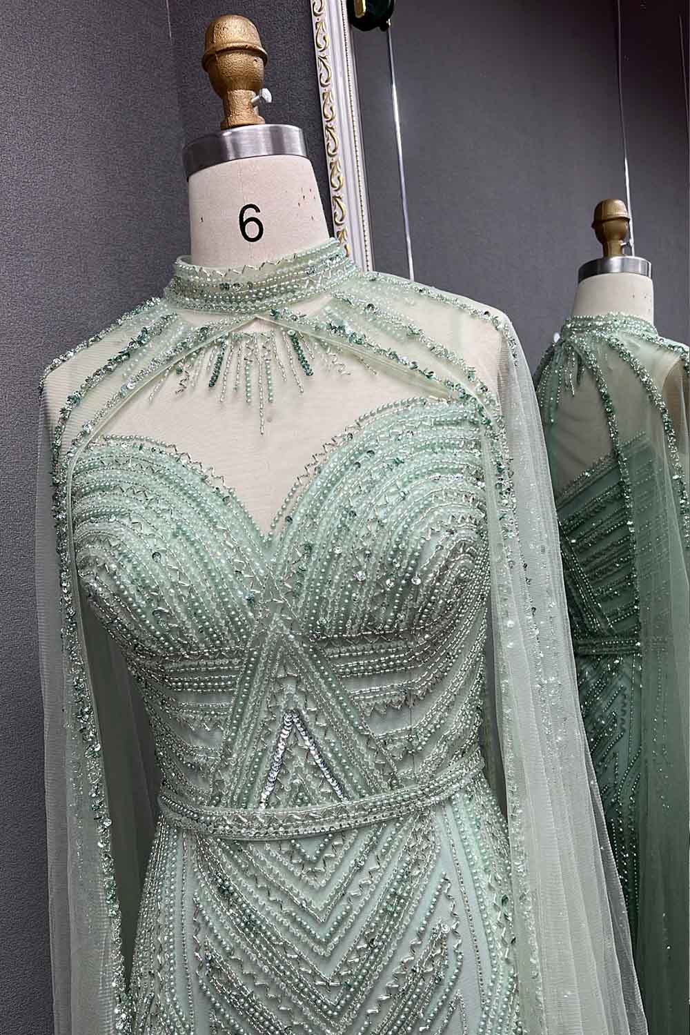 YQLNNE 086 Nude Crystals Beaded Evening Dress Women Party Gown With Shawl