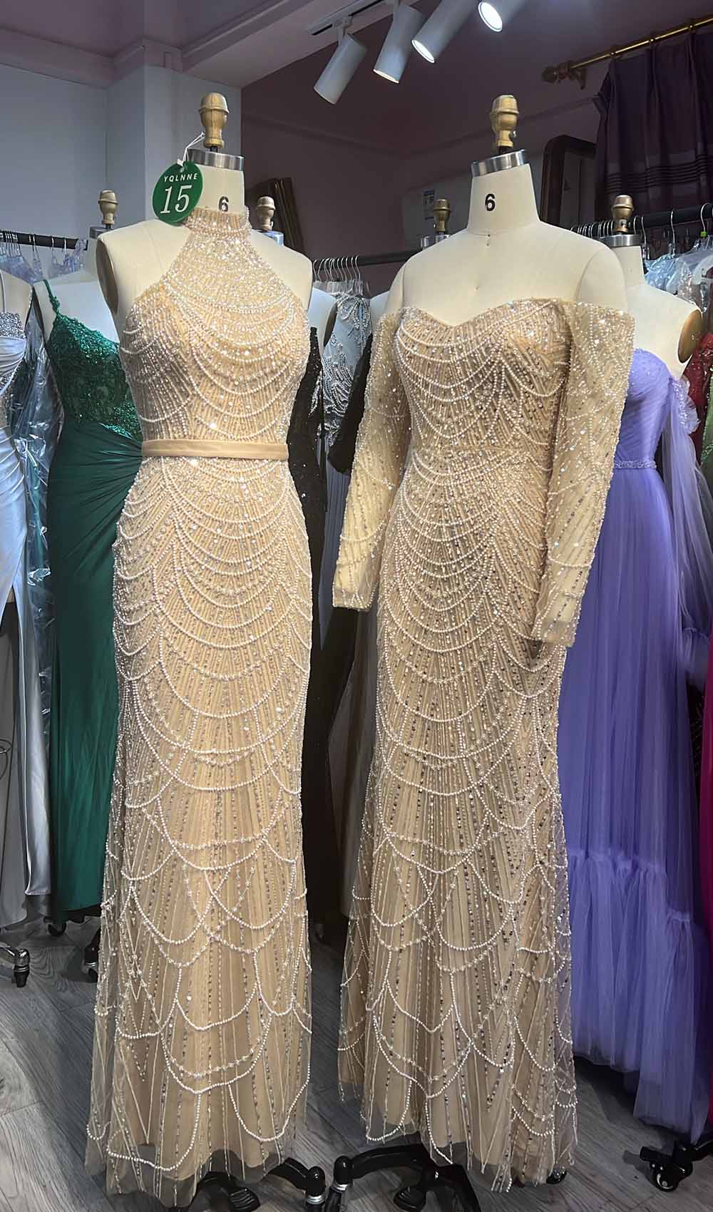 YQLNNE 077 Nude Long Sleeves Pearls Beading Evening Dress Off Shoulder