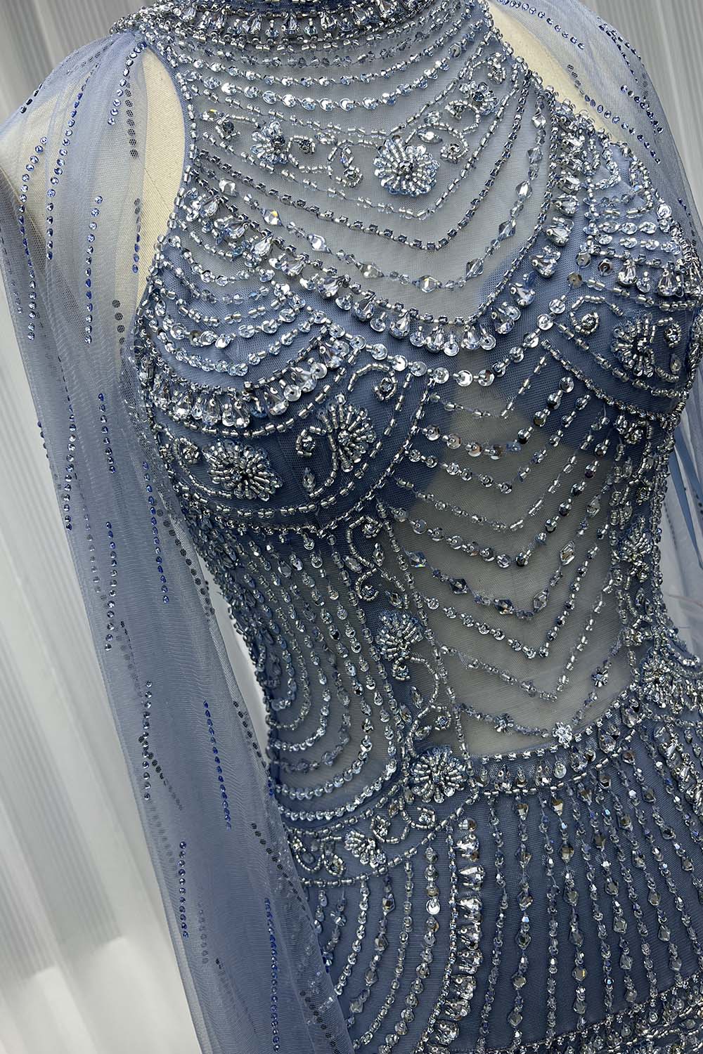 YQLNNE 050 Dusty Blue Handmade Rhinestones Beaded Long Evening Dress Formal Party Gown