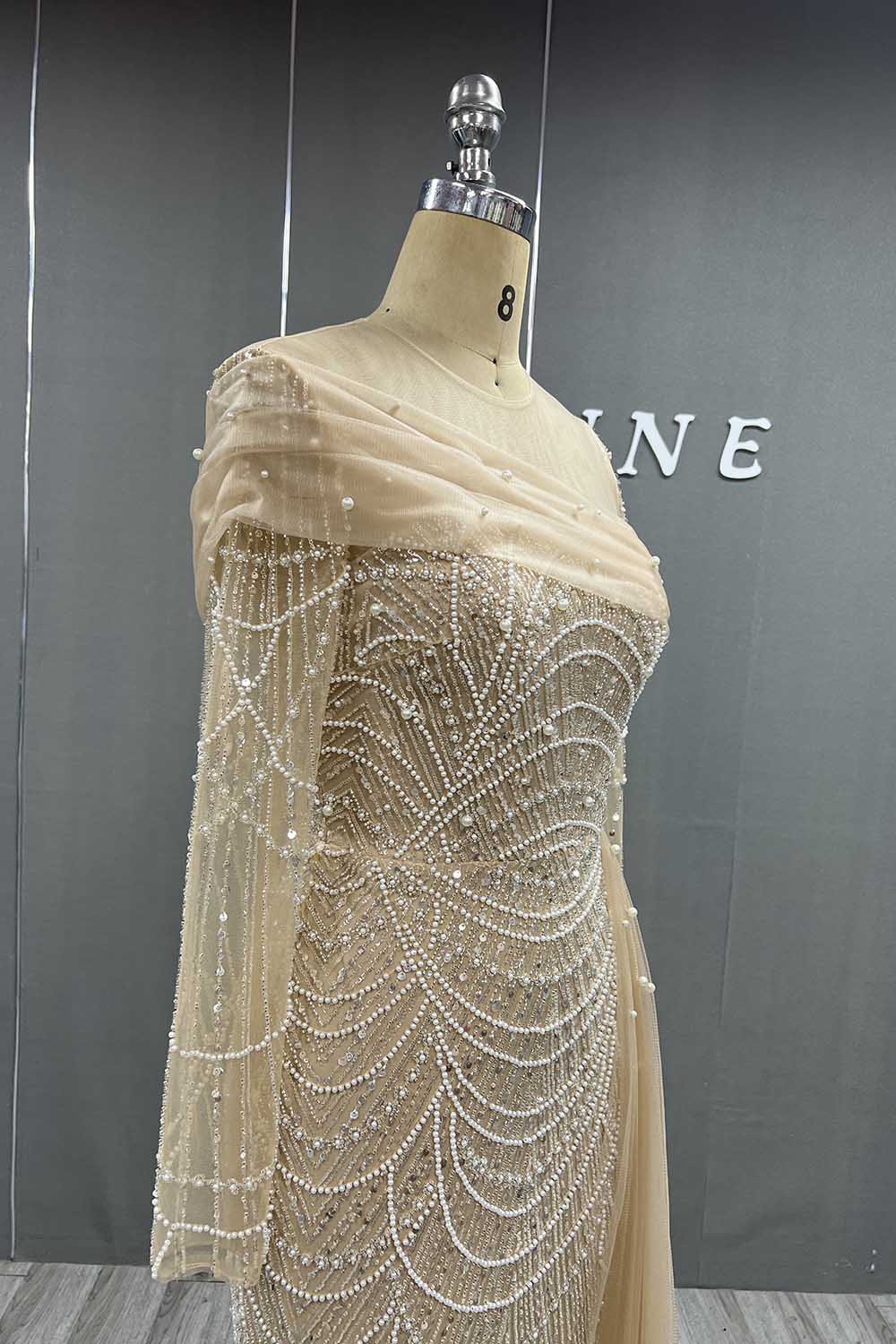 YQLNNE Modest Nude Beading Long Sleeves Evening Dress