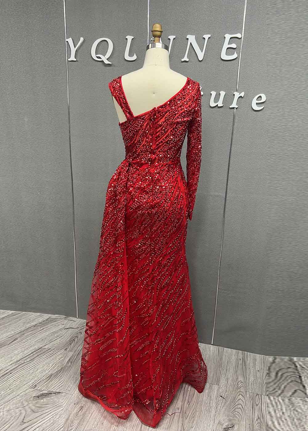 YQLNNE 0122 Royal Blue One Shoulder Crystals Beaded Long Evening Dress With Slit