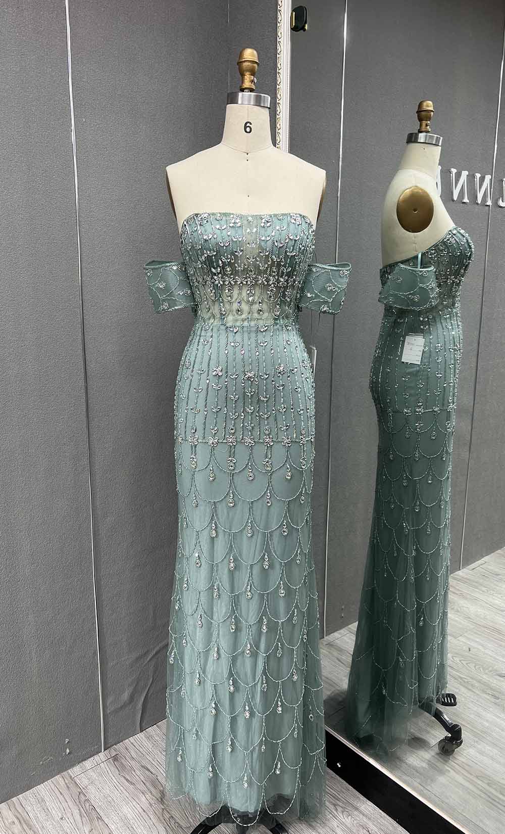 YQLNNE 5019 Sage Green Off Shoulder Evening Dress Crystals Beaded With Removable Train