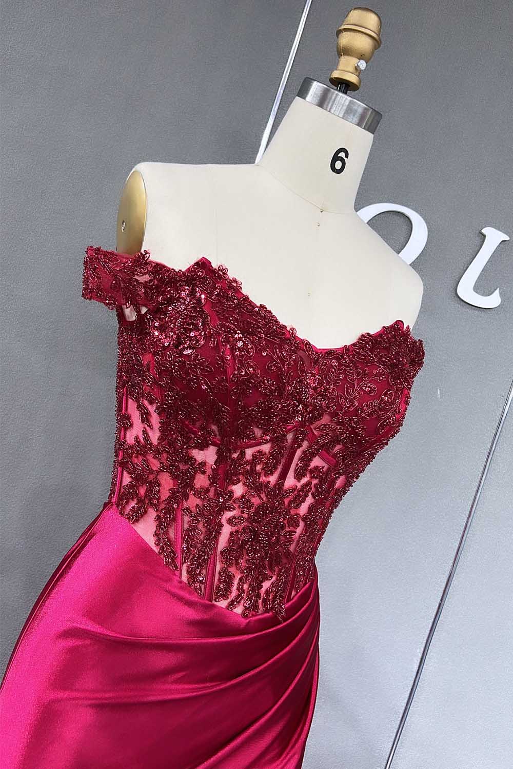 YQLNNE 02 Wine Red Long Prom Dress Off the Shoulder Embroidered Beadings