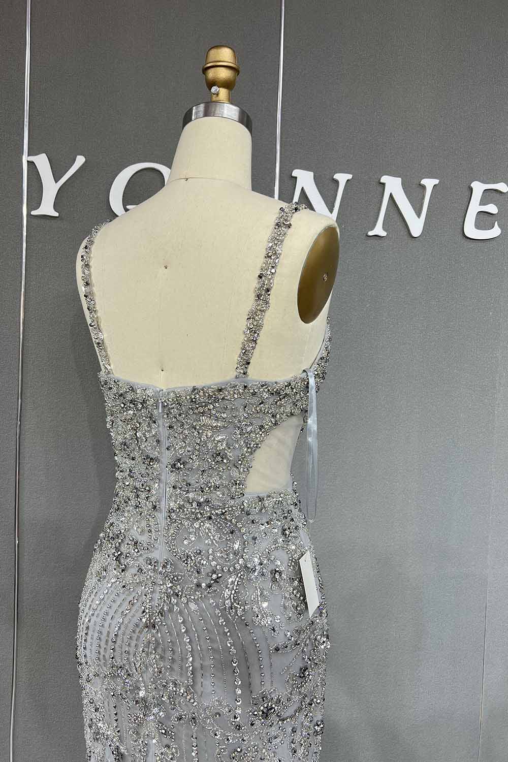 YQLNNE 063 Silver Crystals Beaded Mermaid Evening Dress Long Party Gown