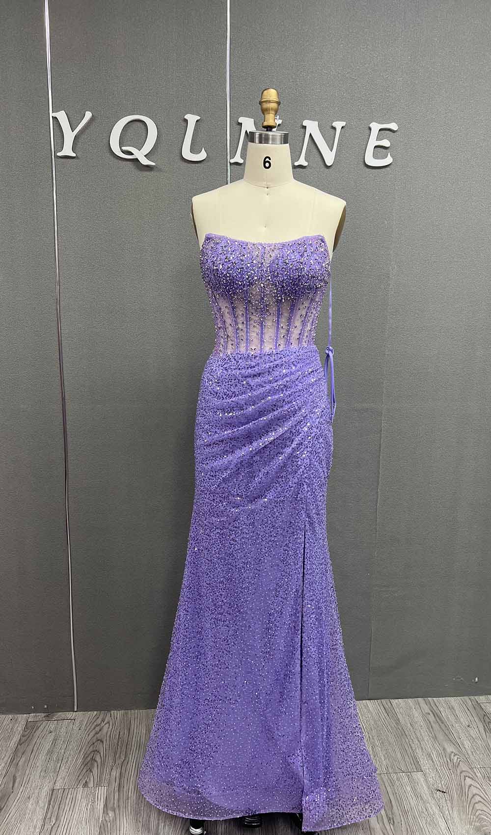 YQLNNE 06 Royal Blue Long Crystals Beaded Slit Prom Dresses With Straps