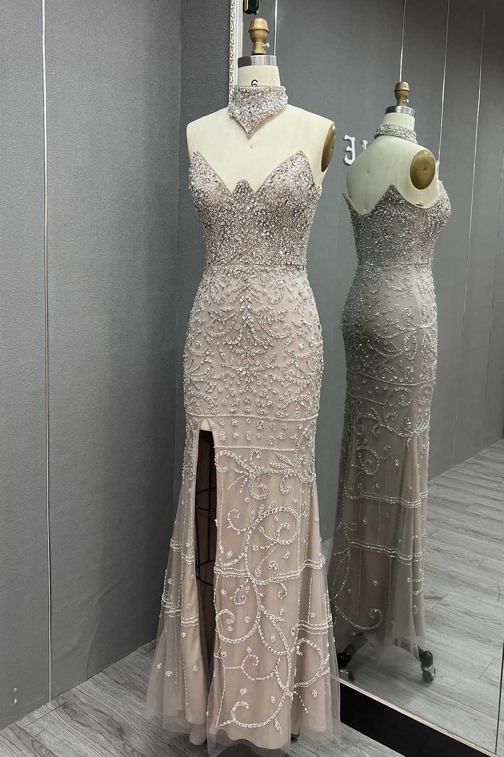 YQLNNE 036 Nude Rhinestones Evening Dress Long Mermaid Gown With Shawl