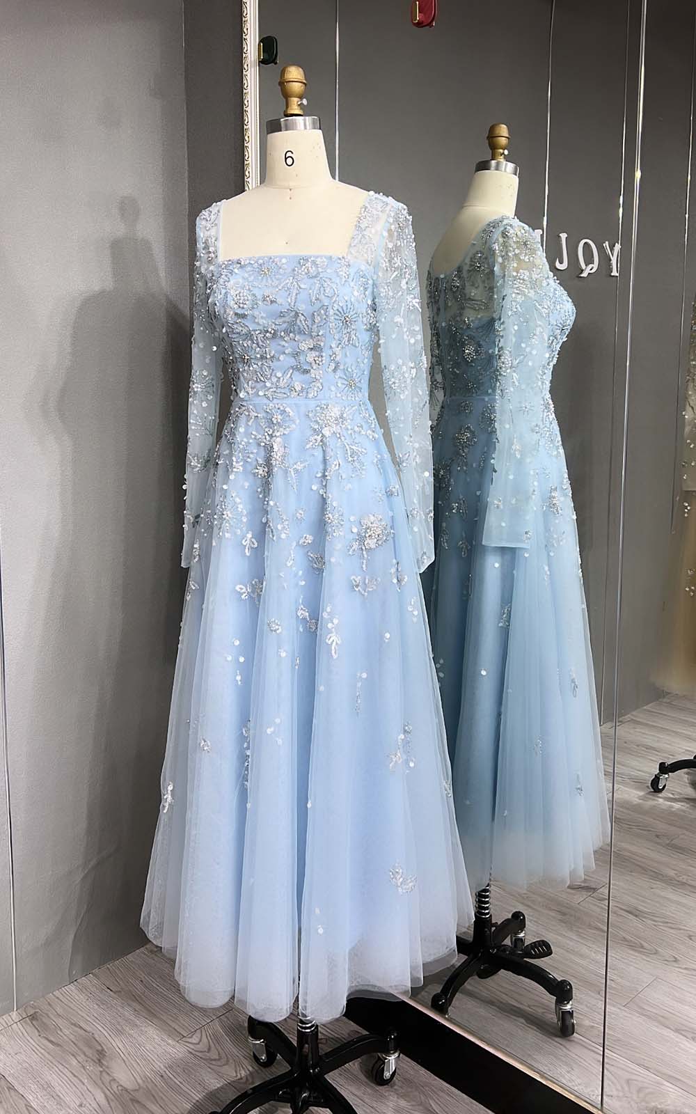 YQLNNE 081 Baby Blue Long Sleeves Evening Dress Square Collar Crystals Beaded Formal Gown