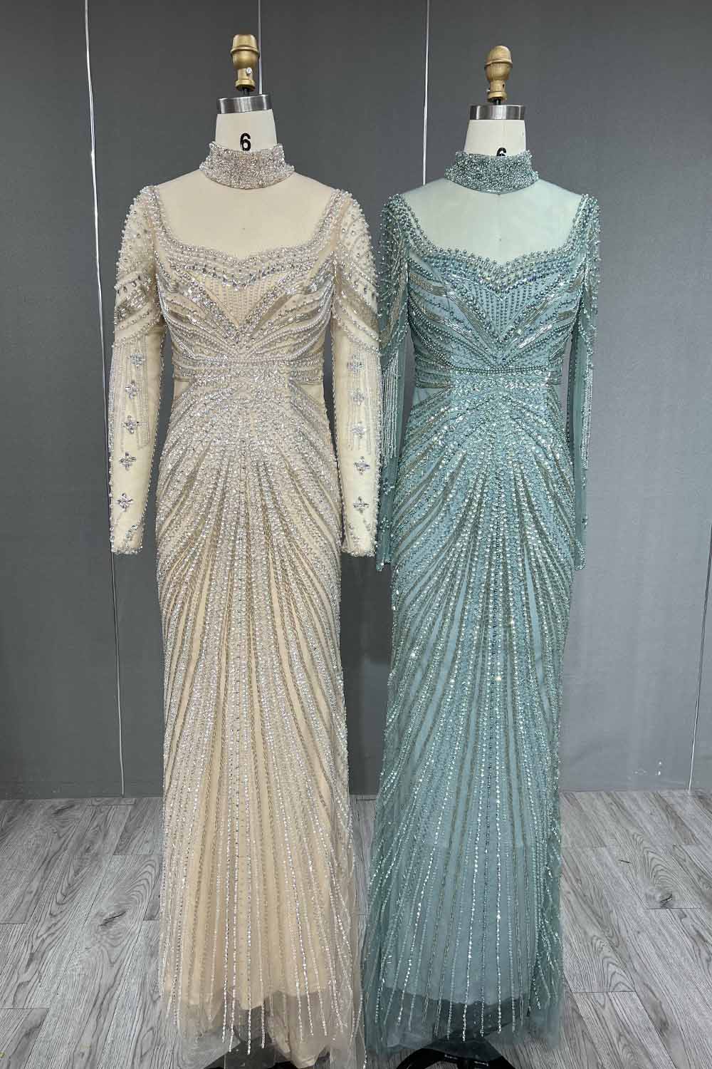 YQLNNE 053 Beige Long Sleeves Evening Dress Crystals Beaded Formal Women Gown Modest