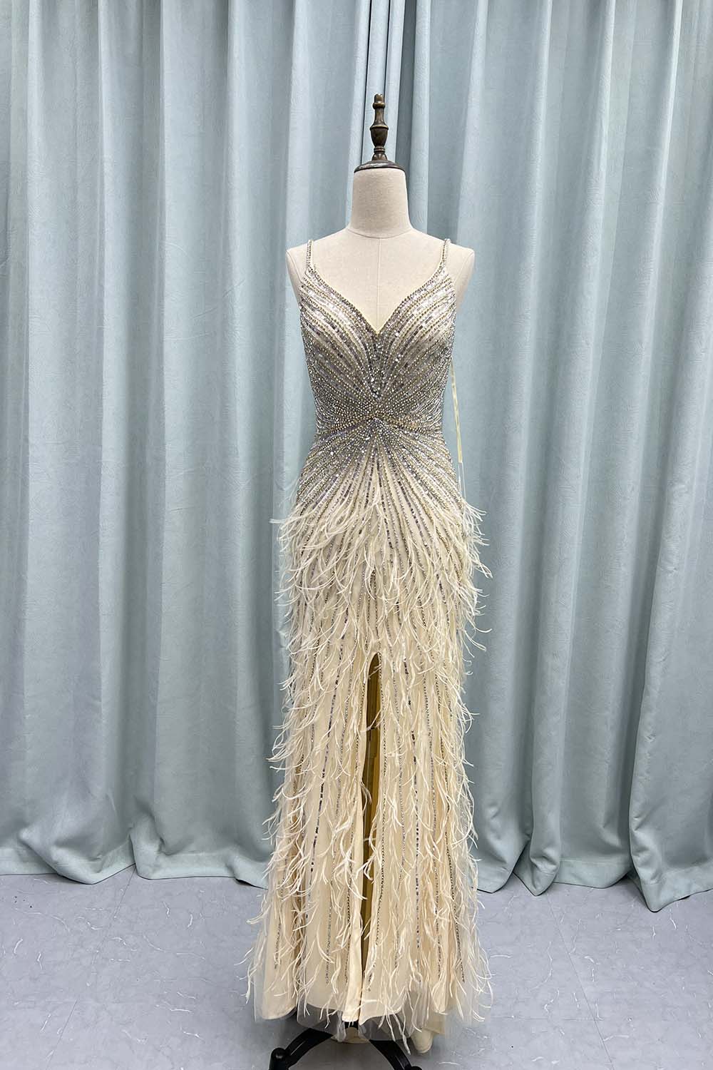 YQLNNE 043 Blue Feathers Crystals Long Evening Dresses Straps Tulle Beaded Weddding Party Gown Vestidos