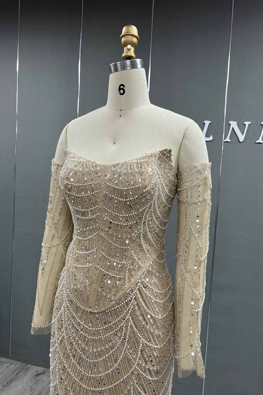 YQLNNE 073 Nude Pearls Beading Long Evening Dress Mermaid Prom Party Gown