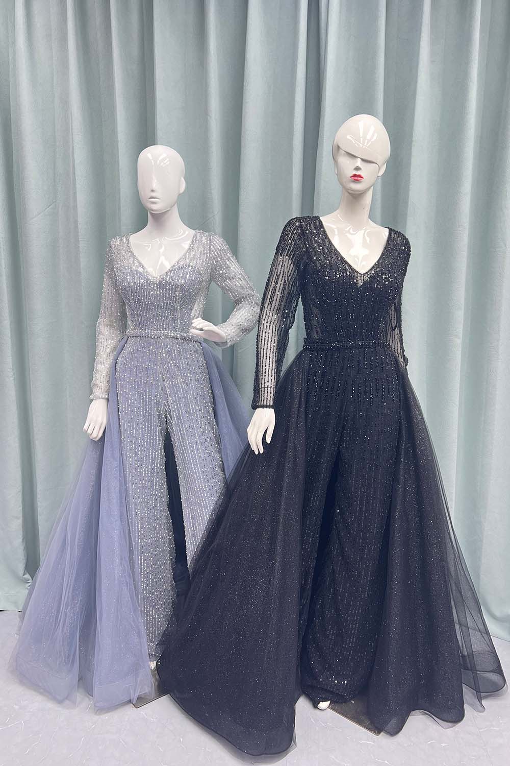 Black Full Sleeves Jumpsuit Beading Evening Party Gown With Removable Train