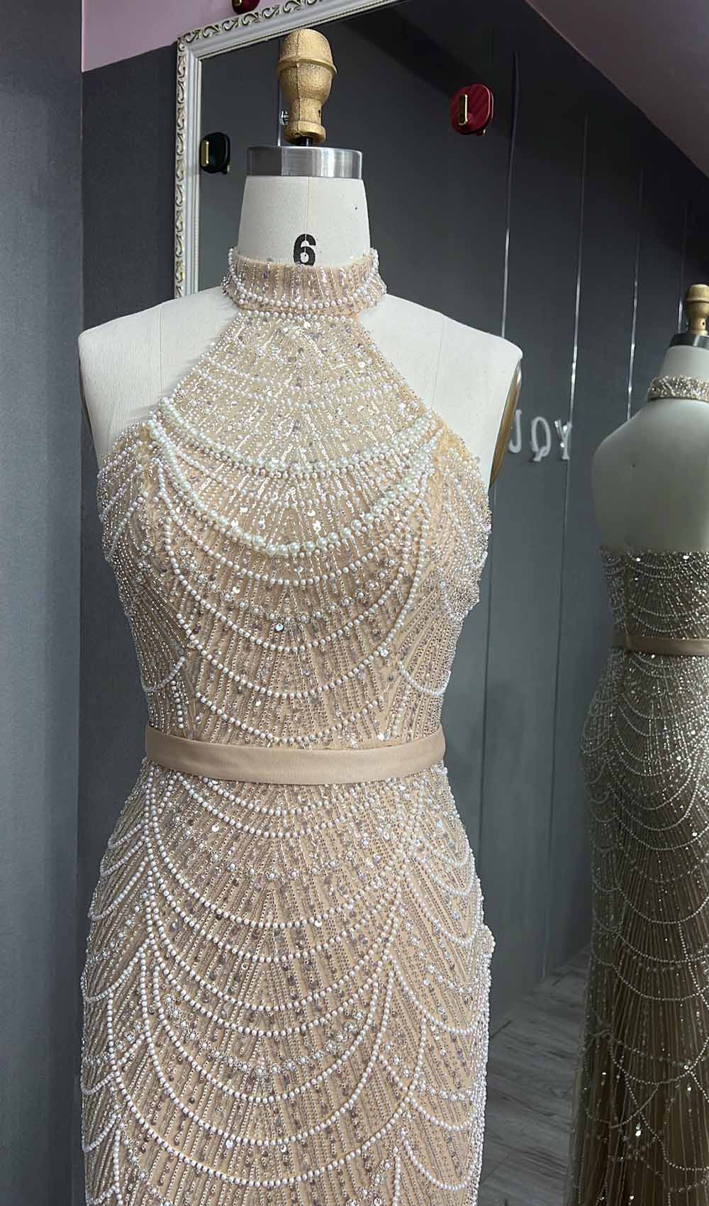 YQLNNE 073 Nude Pearls Beading Long Prom Dress Halter With Glovers