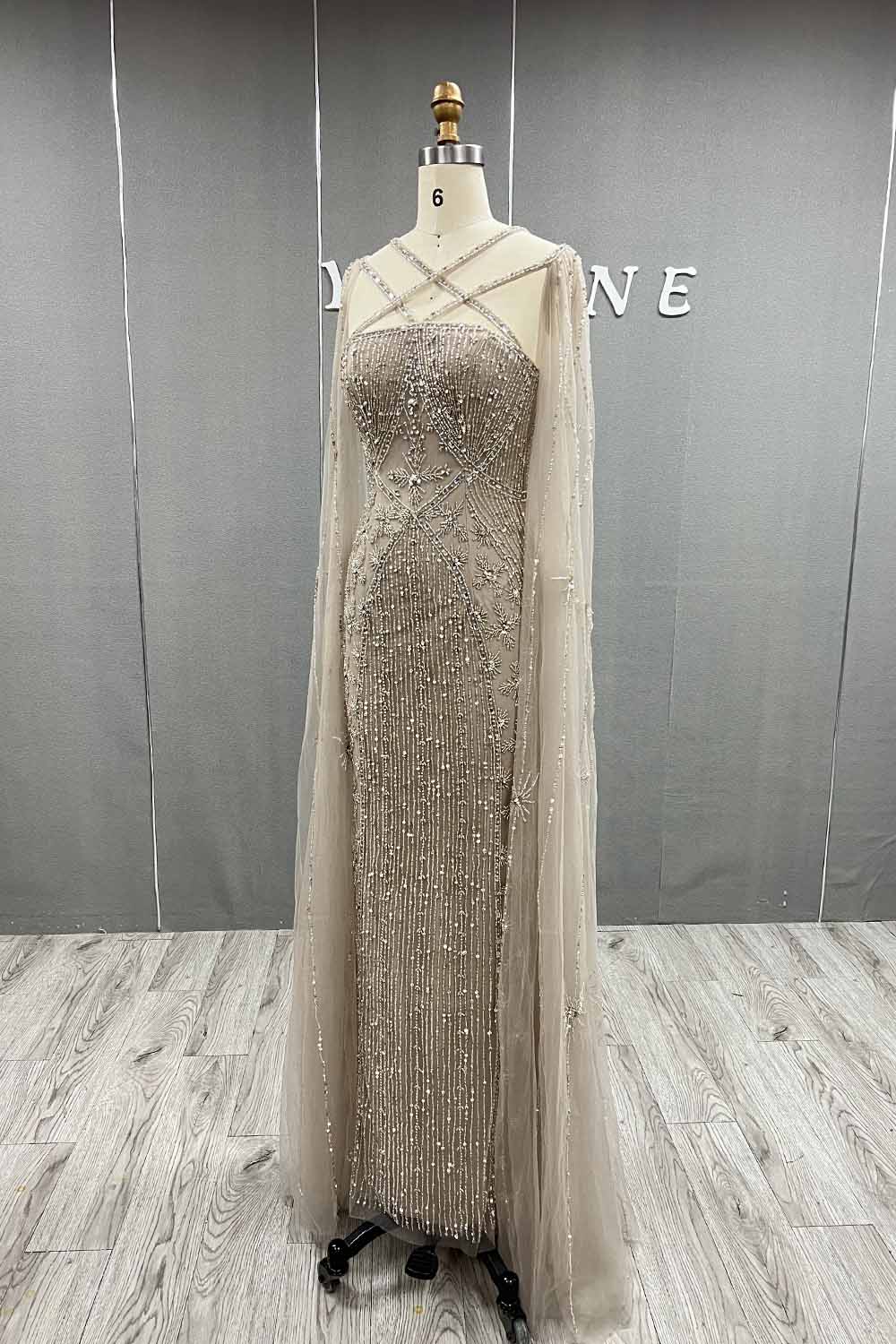 YQLNNE 088 Luxury Nude Crystals Evening Dress With Cape