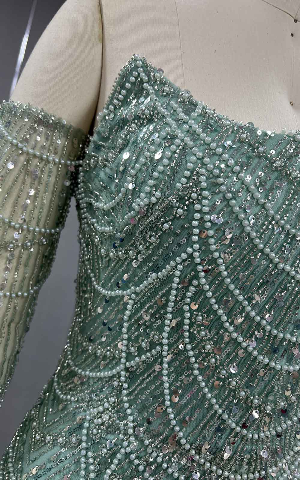 YQLNNE 076 Greenery Beading Evening Dress Mermaid Formal Gown With Gloves