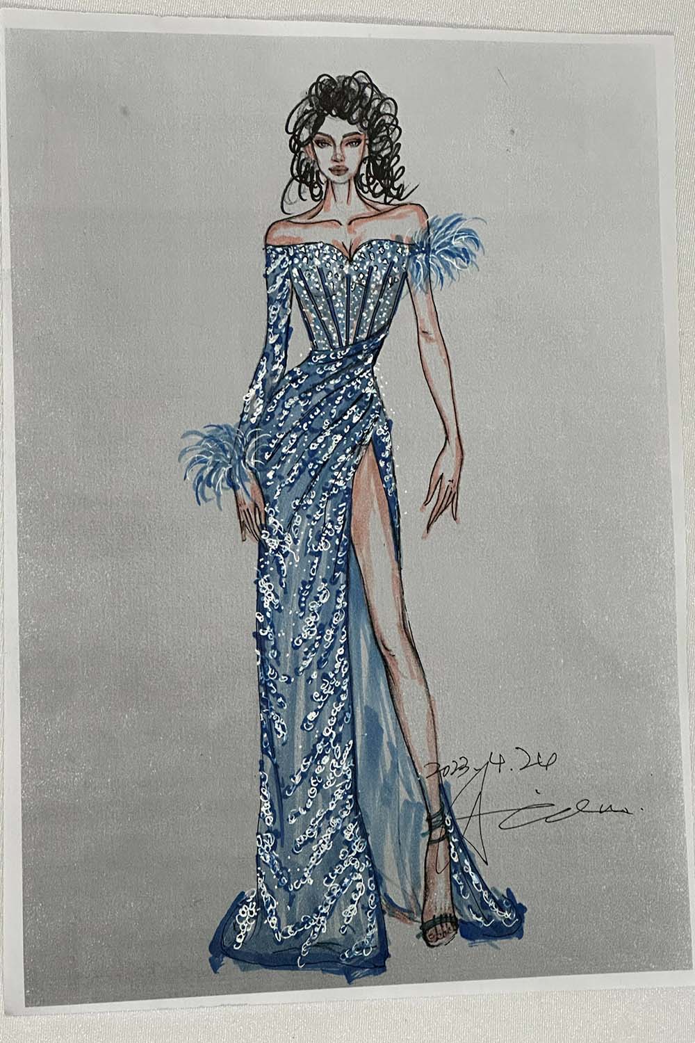 YQLNNE 047 Baby Blue Feathers Long Sleeves Evening Gown Mermaid Formal Dresses