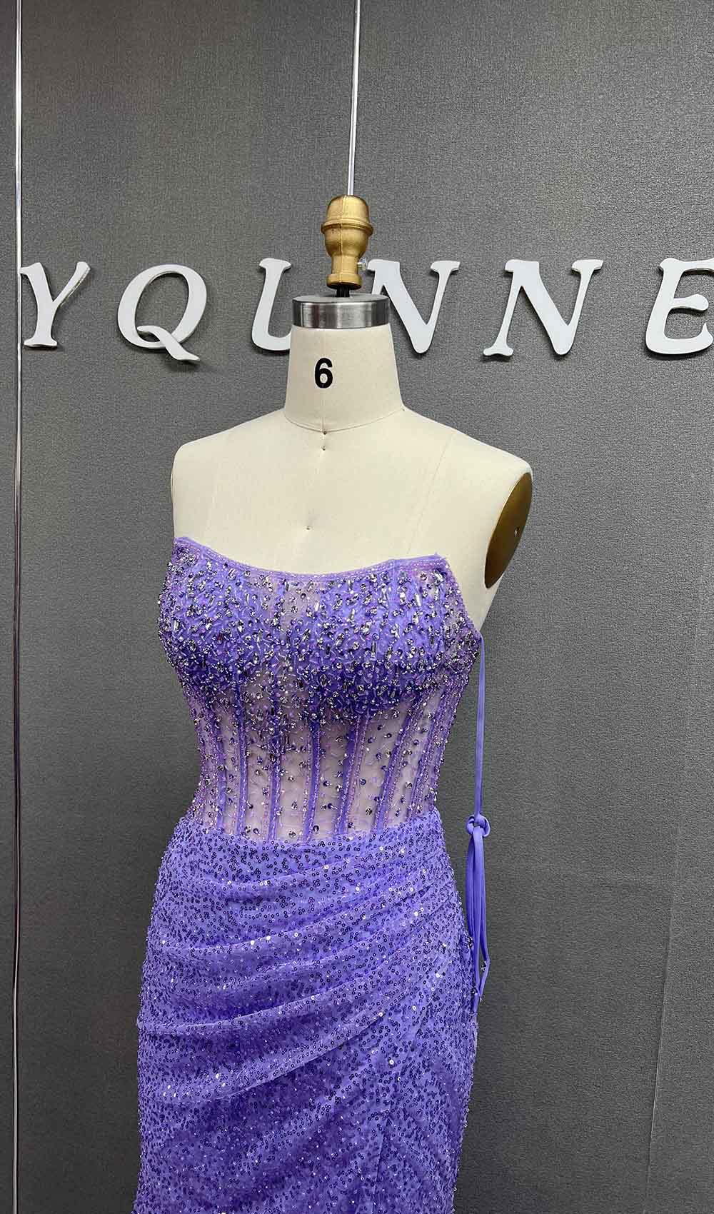 YQLNNE 06 Royal Blue Long Crystals Beaded Slit Prom Dresses With Straps