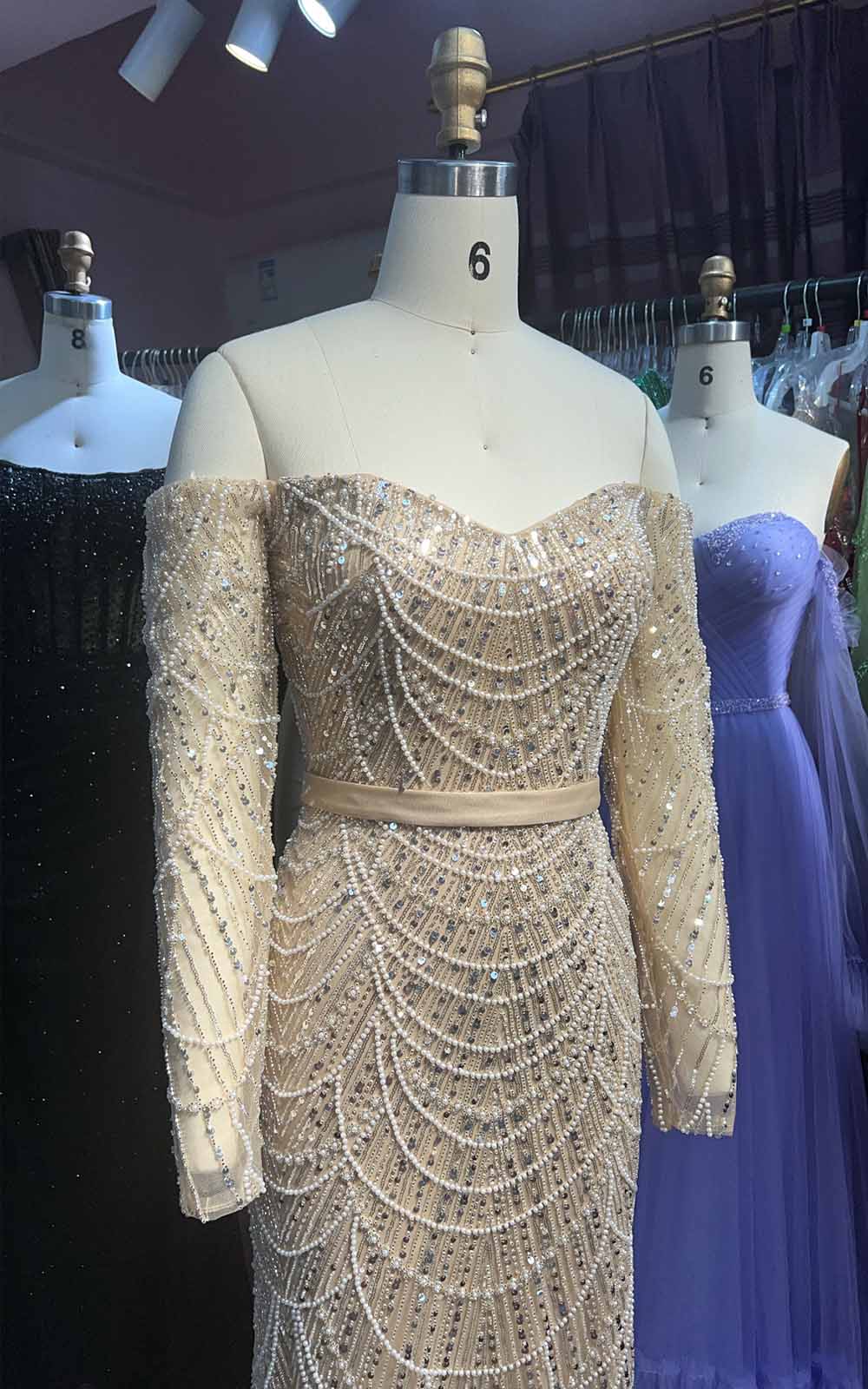 YQLNNE 077 Nude Long Sleeves Pearls Beading Evening Dress Off Shoulder