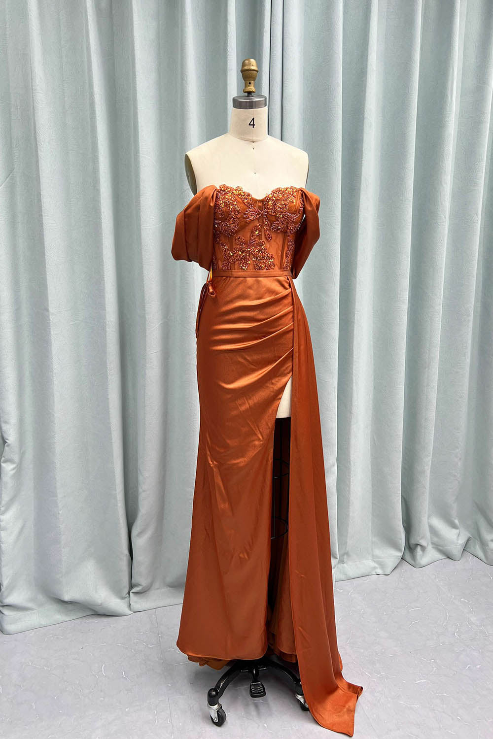 YQLNNE 016 Wine Red Satin Off the Shoulder High Slit Long Prom Dresses Mermaid Red Carpet Gown Vestidos de Gala