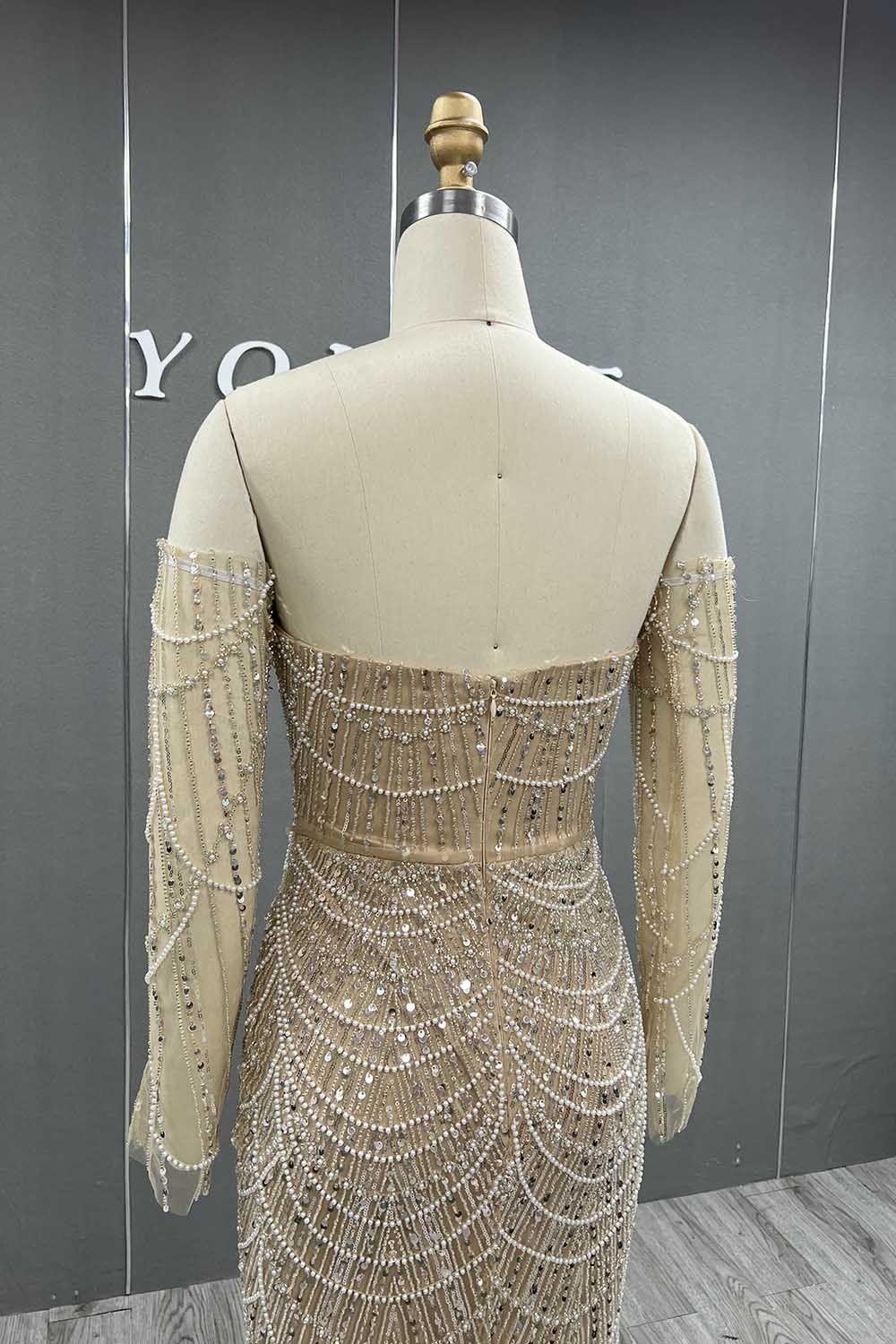 YQLNNE 073 Nude Pearls Beading Long Evening Dress Mermaid Prom Party Gown