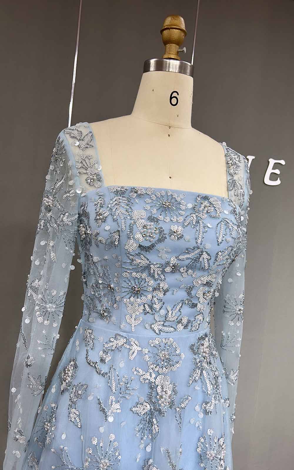 YQLNNE 081 Baby Blue Long Sleeves Evening Dress Square Collar Crystals Beaded Formal Gown