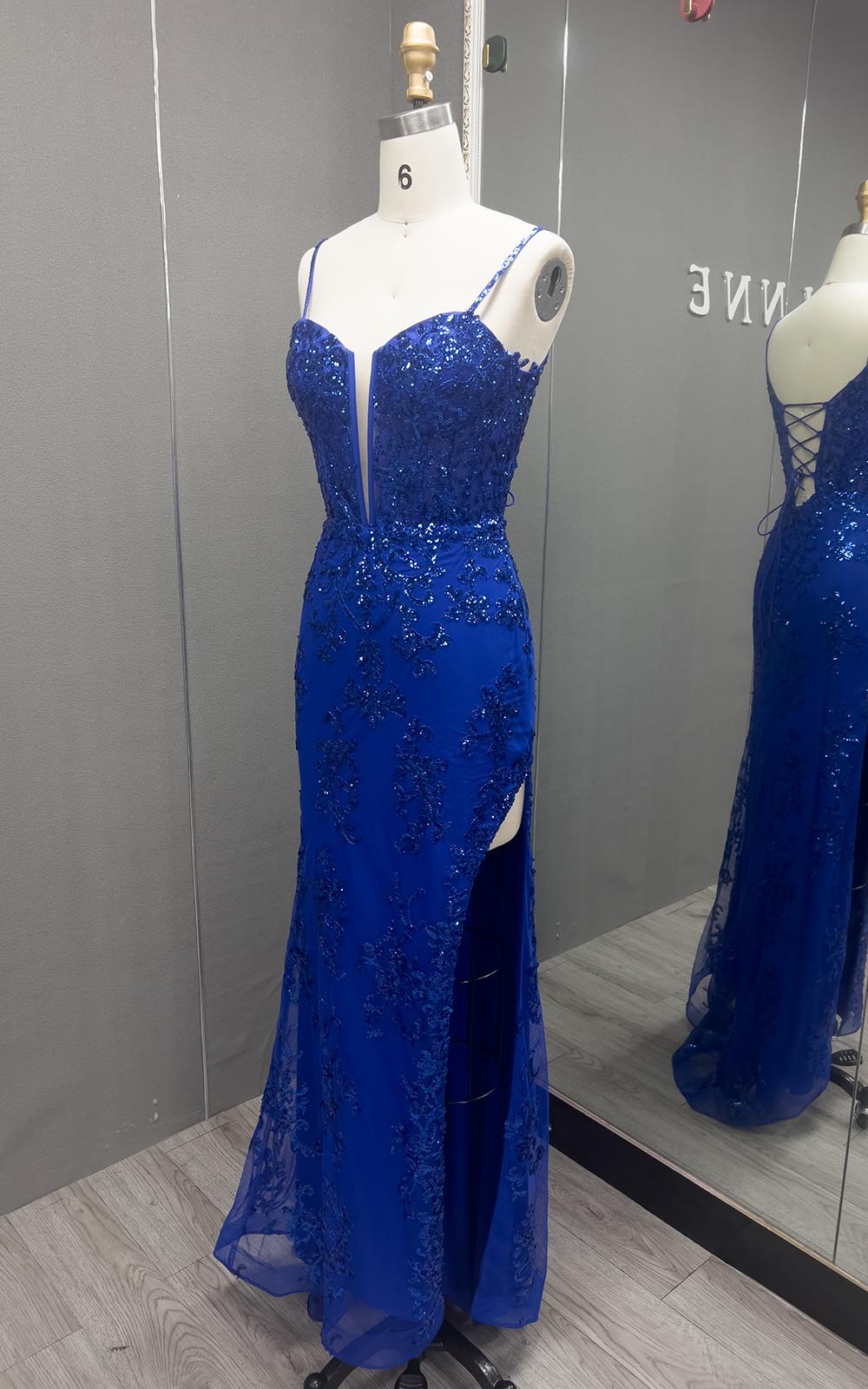 YQLNNE Royal Blue Long Slit Prom Dresses Straps Evening Gown