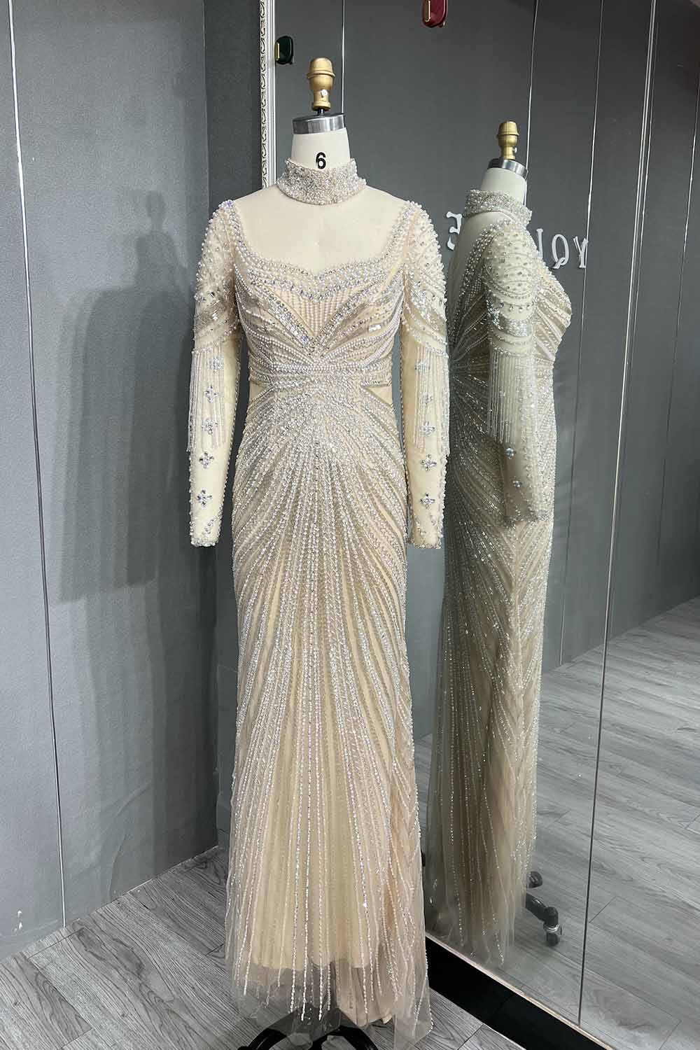 YQLNNE 053 Beige Long Sleeves Evening Dress Crystals Beaded Formal Women Gown Modest