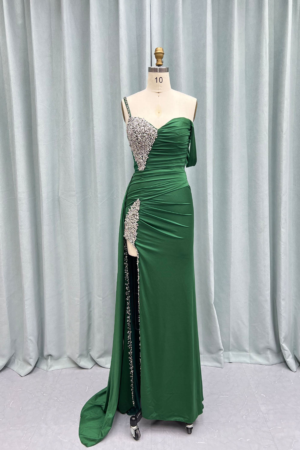YQLNNE 020 Red High Slit Crystals Long Prom Dresses One Shoulder Evening Gown