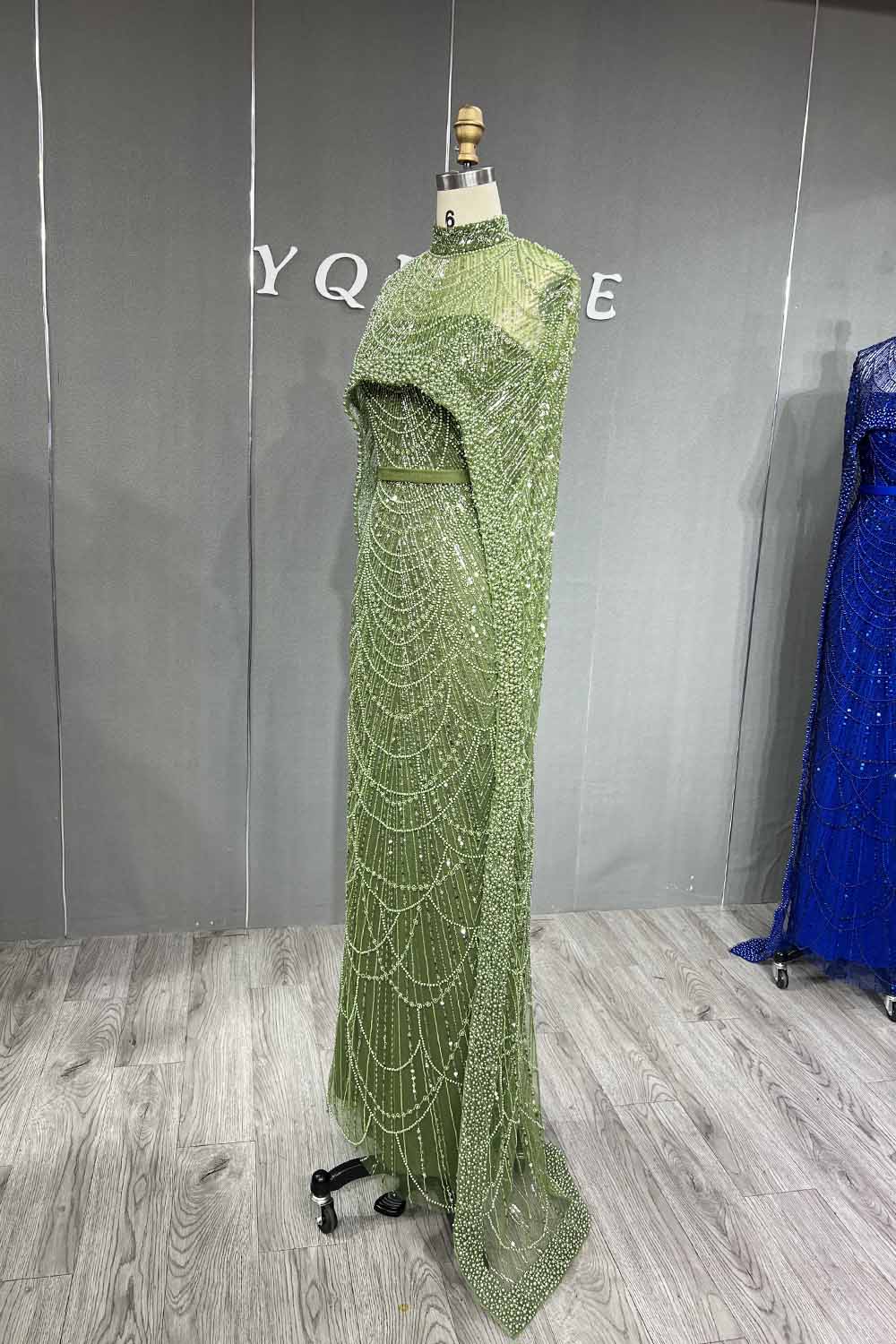 YQLNNE 3007 Royal Blue Pearls Beaded Evening Dress Mermaid