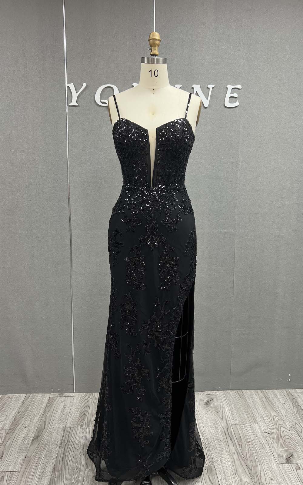 YQLNNE Red Straps Sequined Prom Dresses Long Slit Evening Gowns
