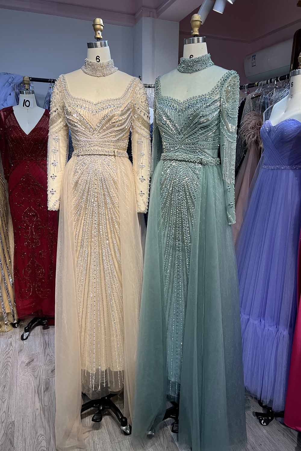 YQLNNE 053 Sage Green Full Sleeves Evening Dress Crystals Beaded Formal Gown