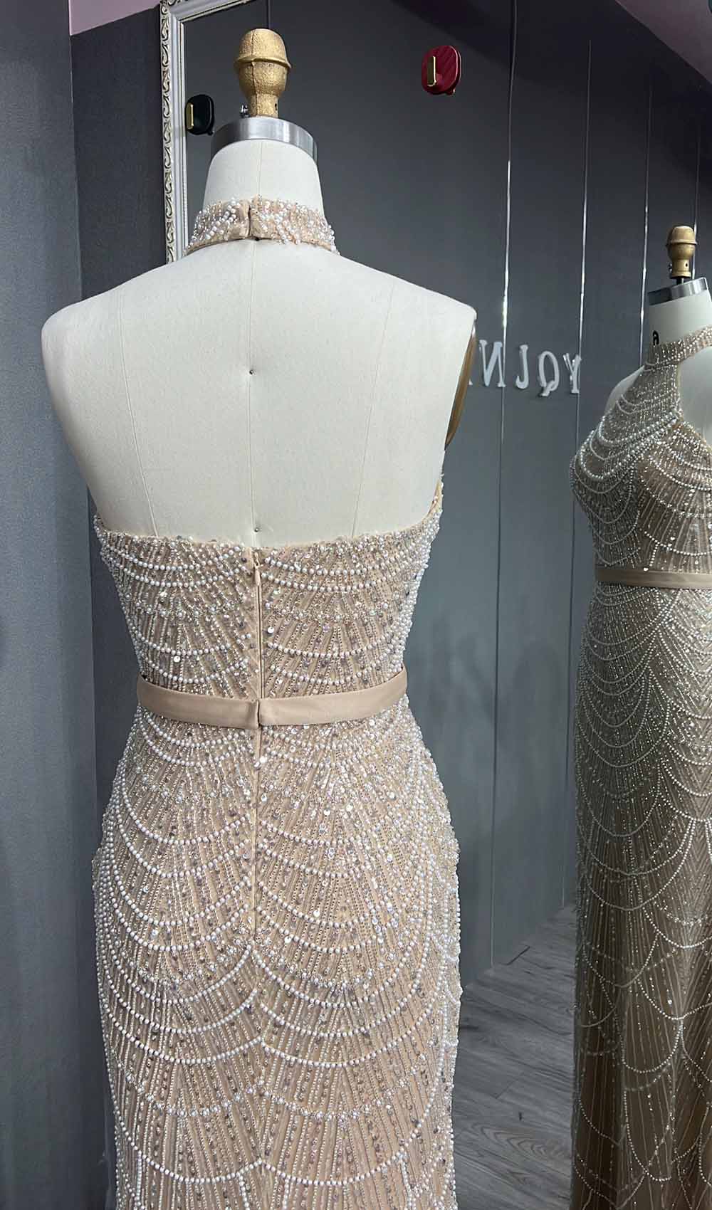 YQLNNE 073 Nude Pearls Beading Long Prom Dress Halter With Glovers