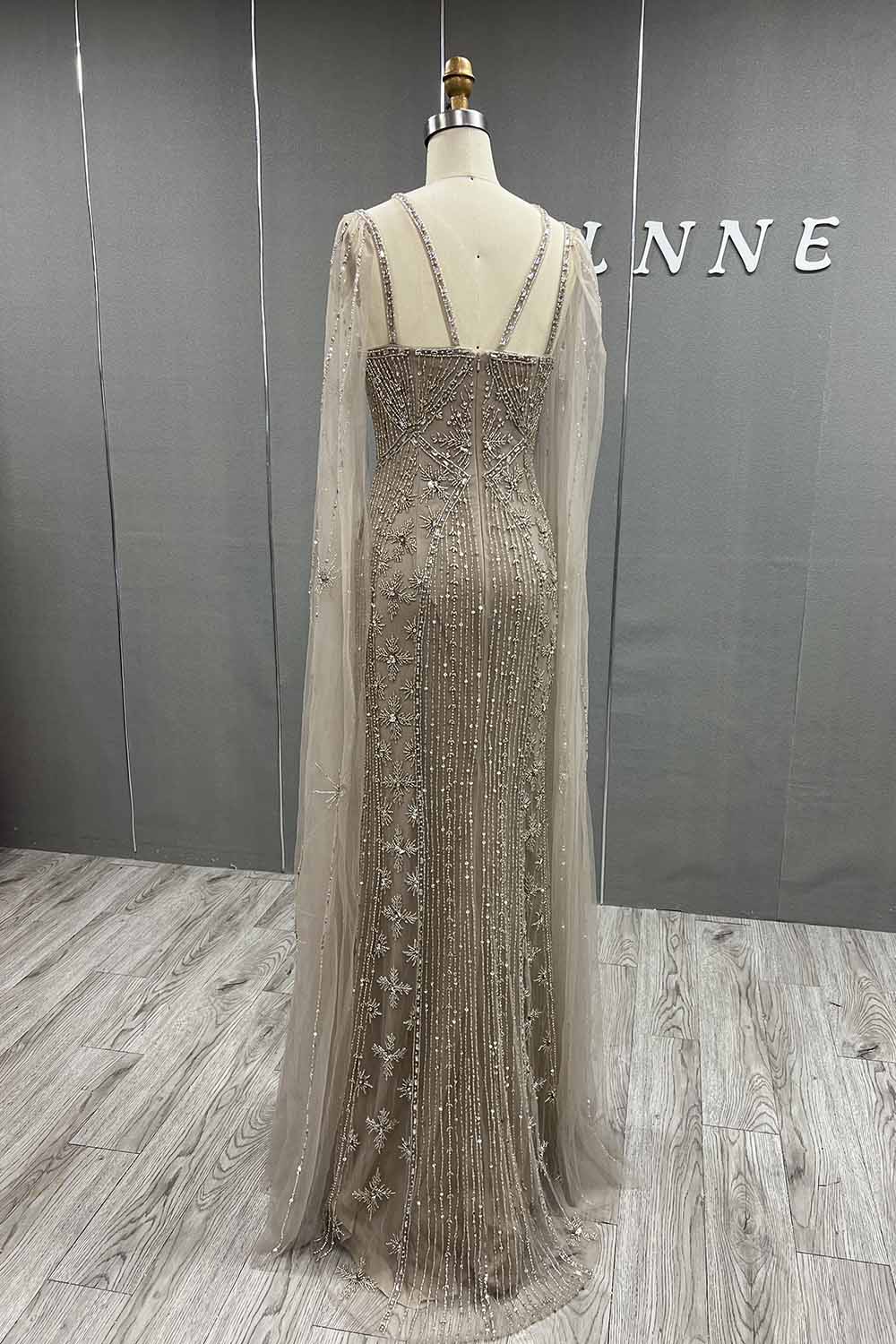 YQLNNE 088 Luxury Nude Crystals Evening Dress With Cape