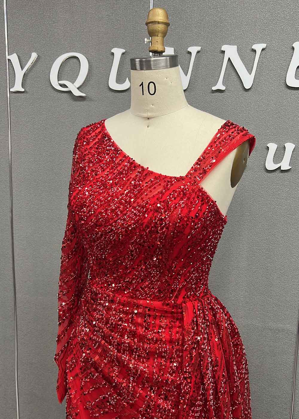 YQLNNE 0122 Royal Blue One Shoulder Crystals Beaded Long Evening Dress With Slit