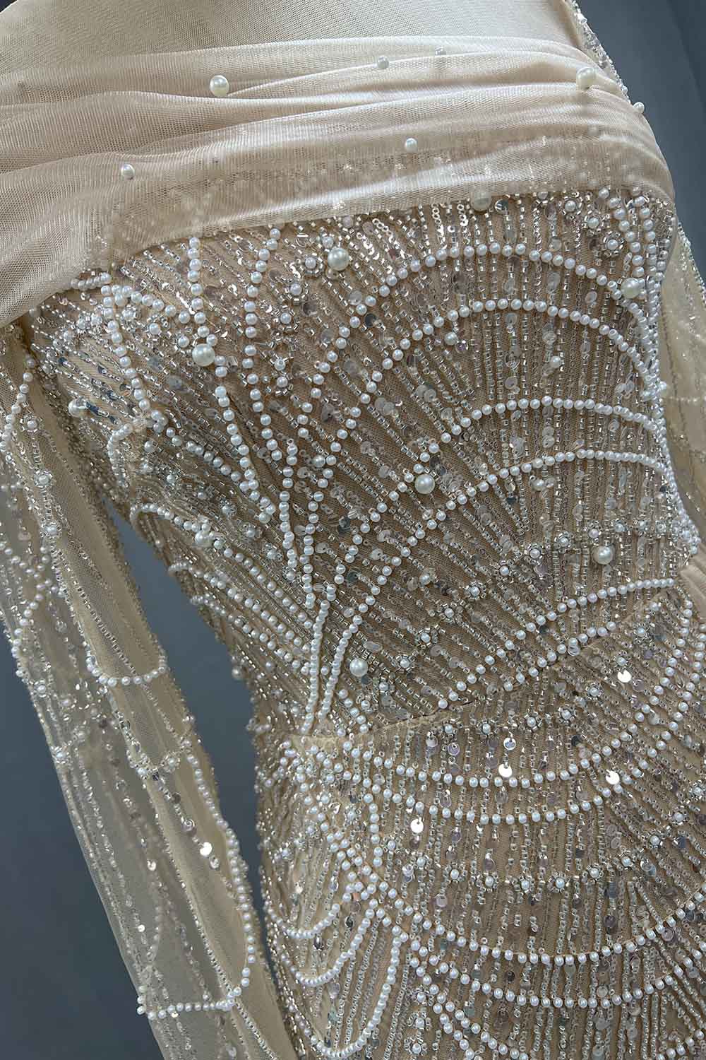 YQLNNE Modest Nude Beading Long Sleeves Evening Dress