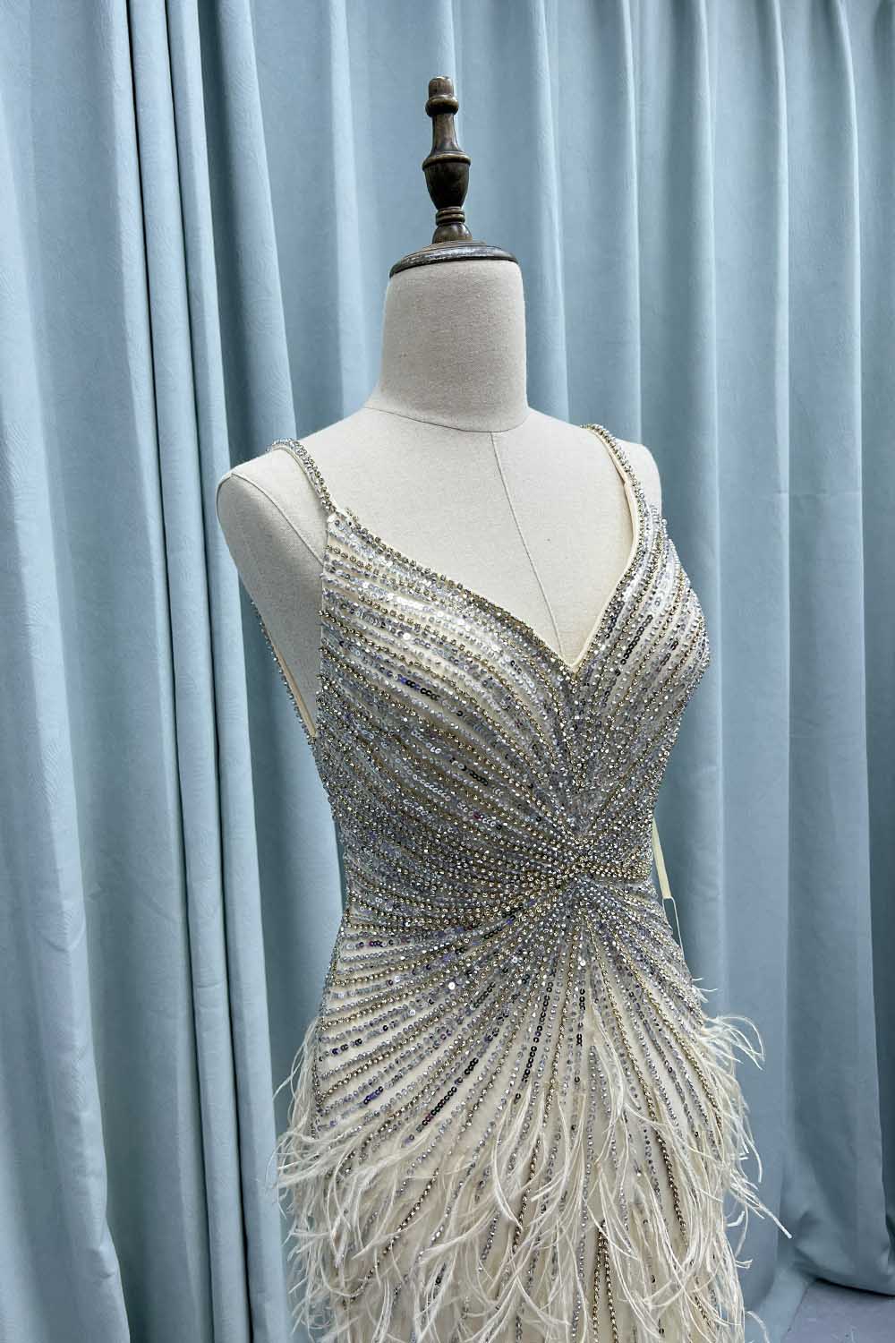 YQLNNE 043 Blue Feathers Crystals Long Evening Dresses Straps Tulle Beaded Weddding Party Gown Vestidos