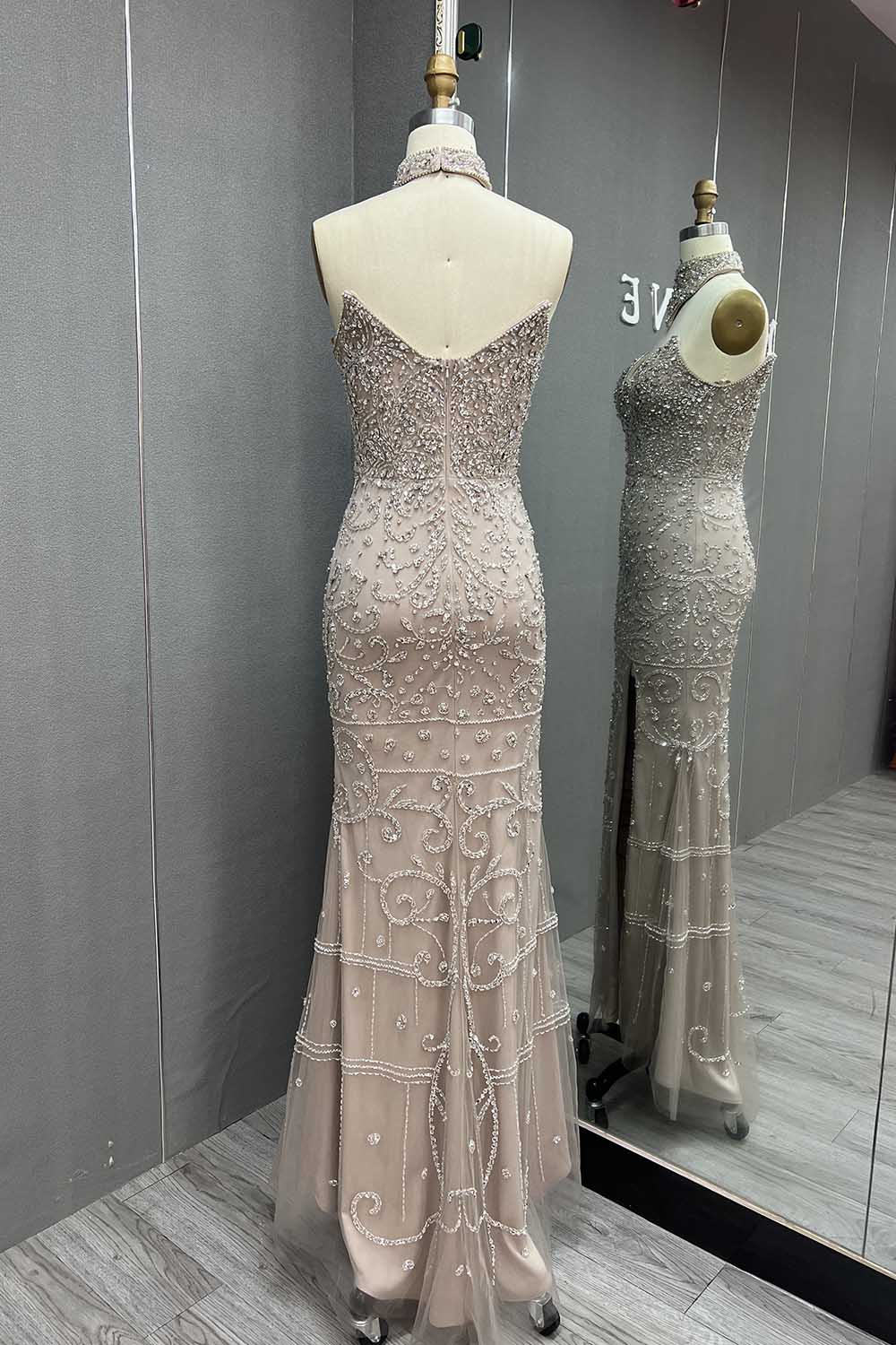 YQLNNE 036 Nude Rhinestones Evening Dress Long Mermaid Gown With Shawl