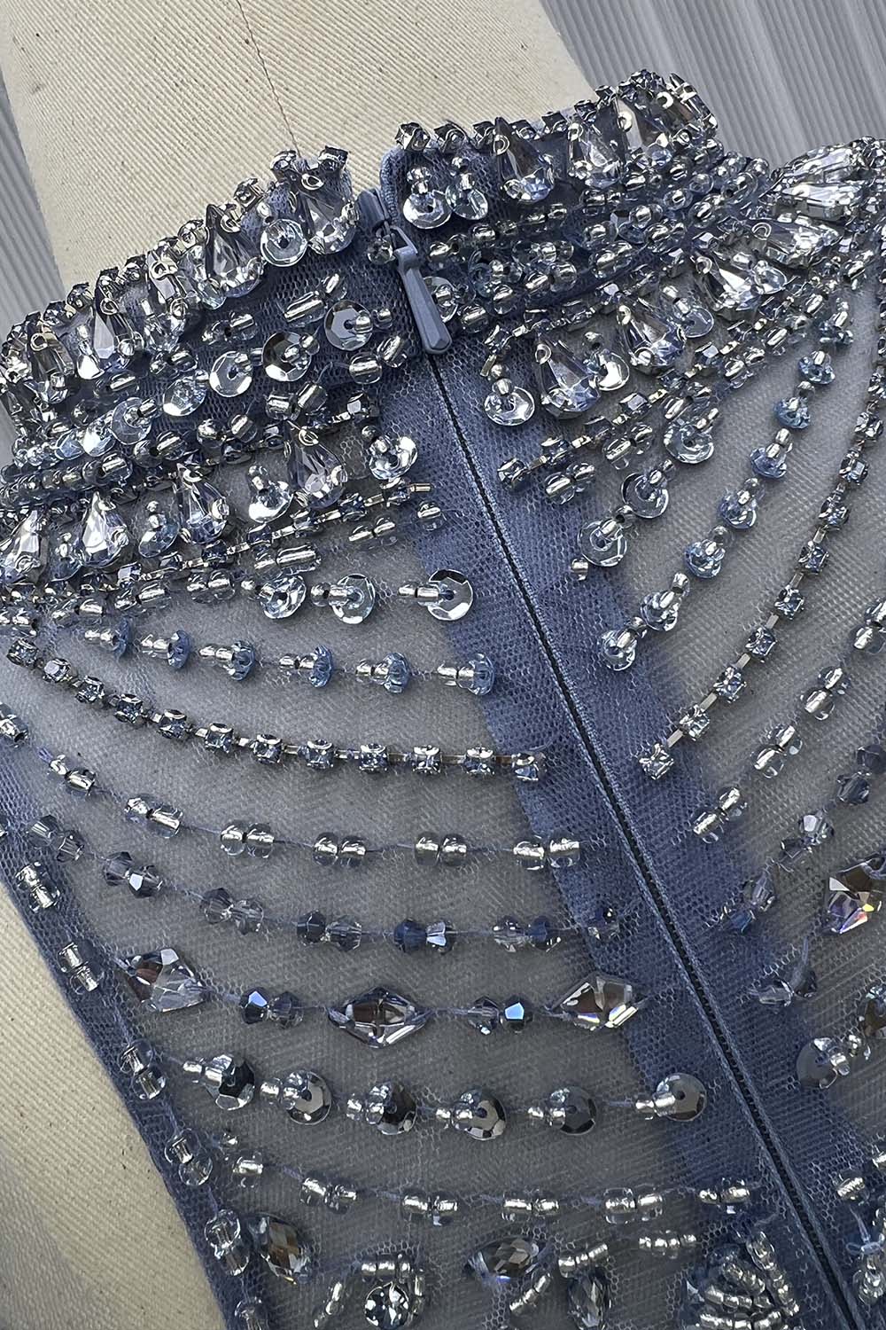 YQLNNE 050 Dusty Blue Handmade Rhinestones Beaded Long Evening Dress Formal Party Gown