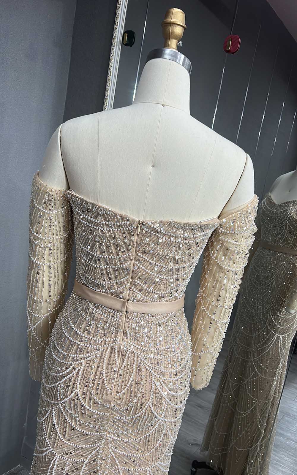 YQLNNE 077 Nude Long Sleeves Pearls Beading Evening Dress Off Shoulder
