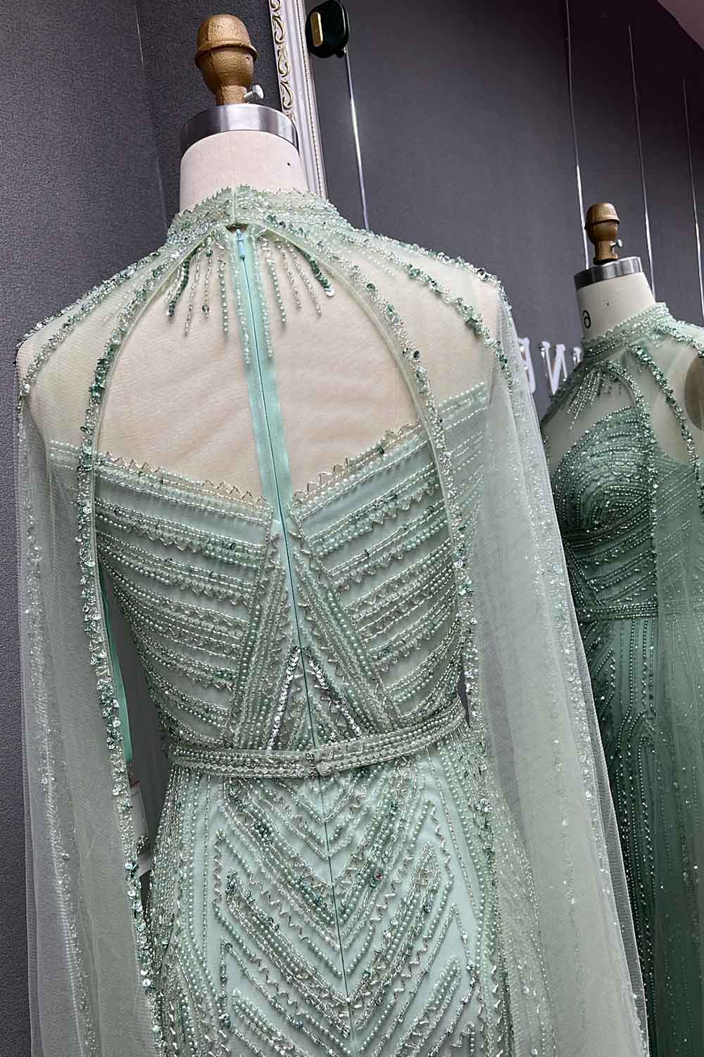 YQLNNE 086 Nude Crystals Beaded Evening Dress Women Party Gown With Shawl