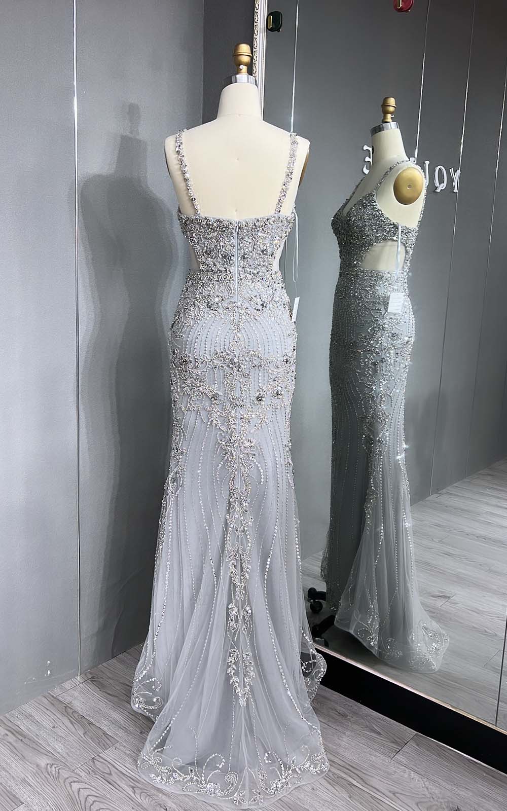 YQLNNE 063 Silver Crystals Beaded Mermaid Evening Dress Long Party Gown