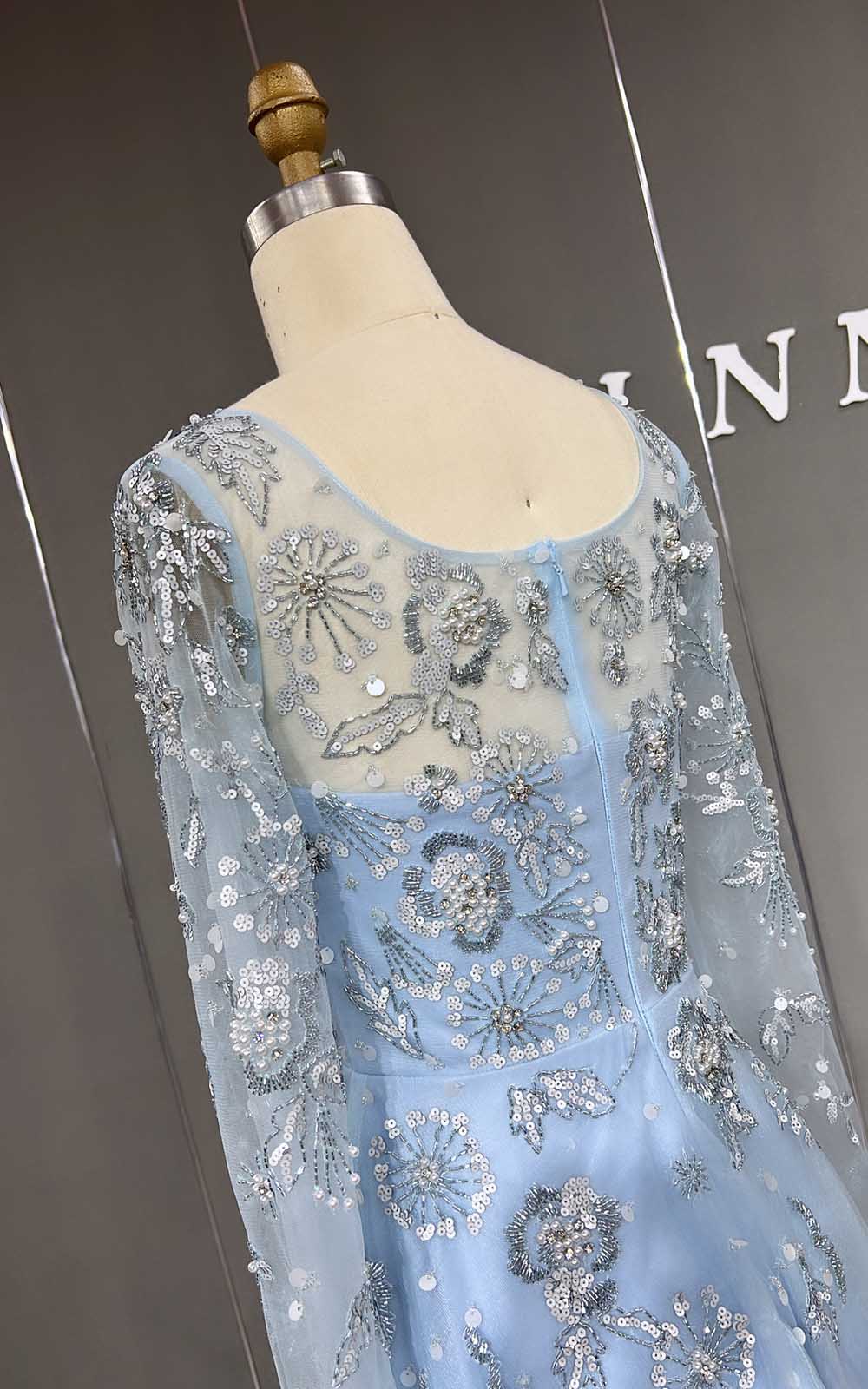 YQLNNE 081 Baby Blue Long Sleeves Evening Dress Square Collar Crystals Beaded Formal Gown