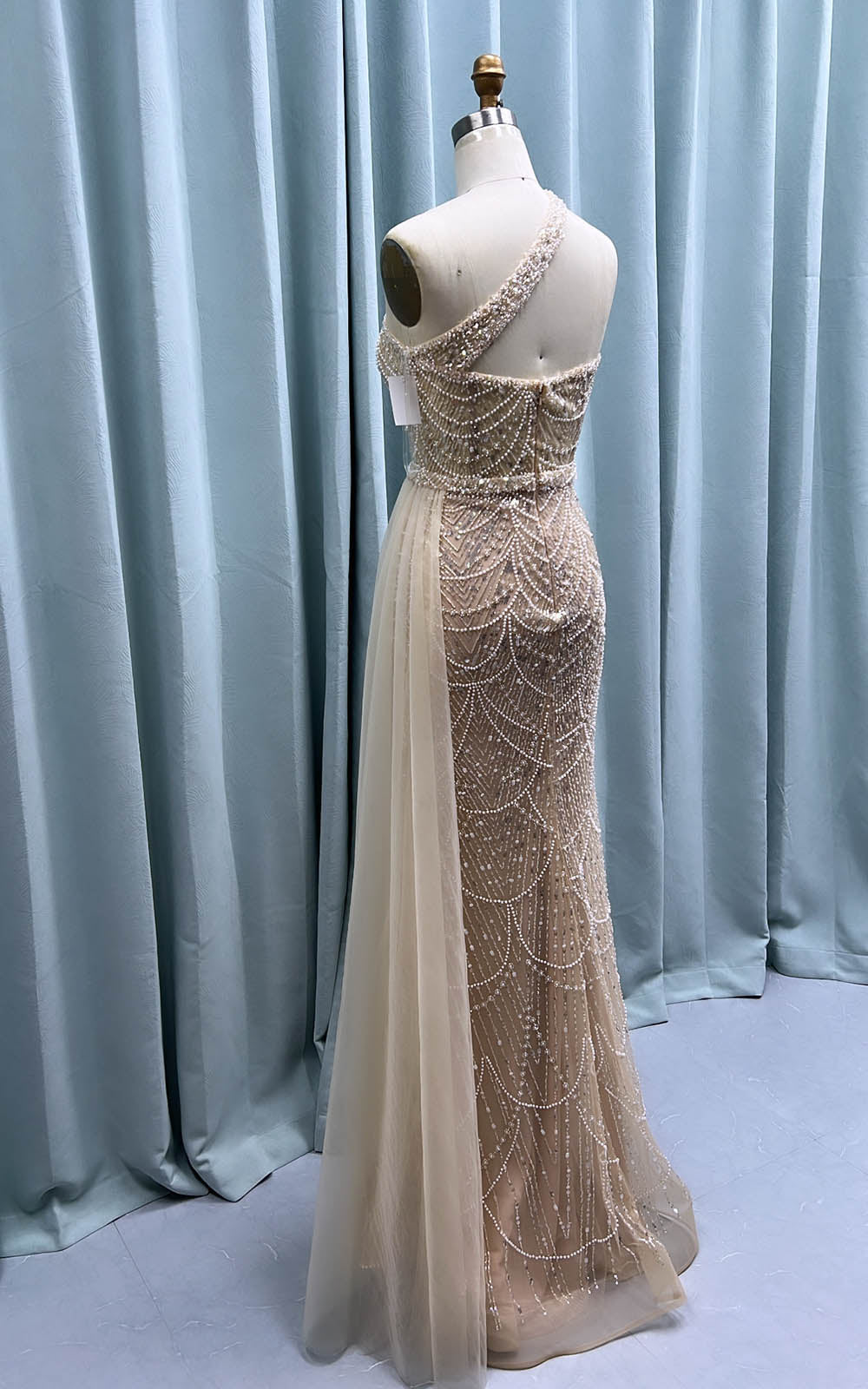 YQLNNE 0304 One Shoulder Nude Beaded Evening Party Gown Mermaid With Side Skirt