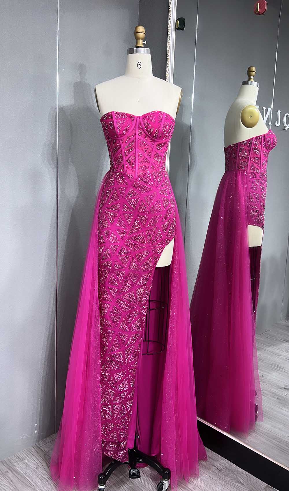 YQLNNE 070 Sparkly Glitter Strapless Long Prom Dress With Removable Train