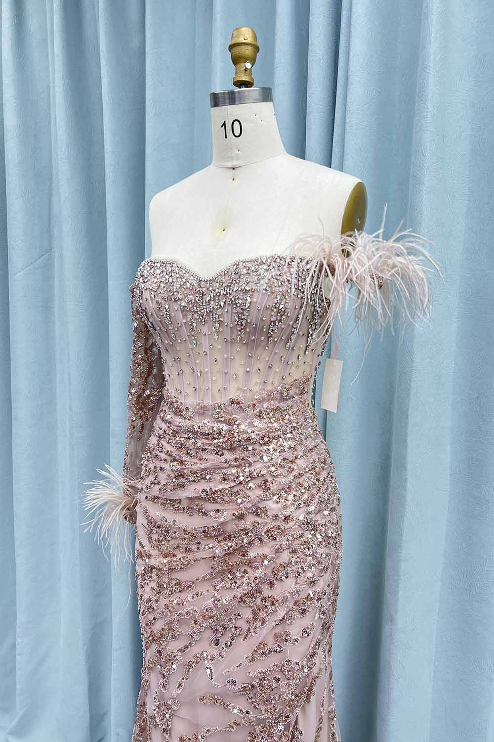 YQLNNE 047 Rose Gold Feathers Evening Gown Long Sleeves Mermaid Formal Dresses
