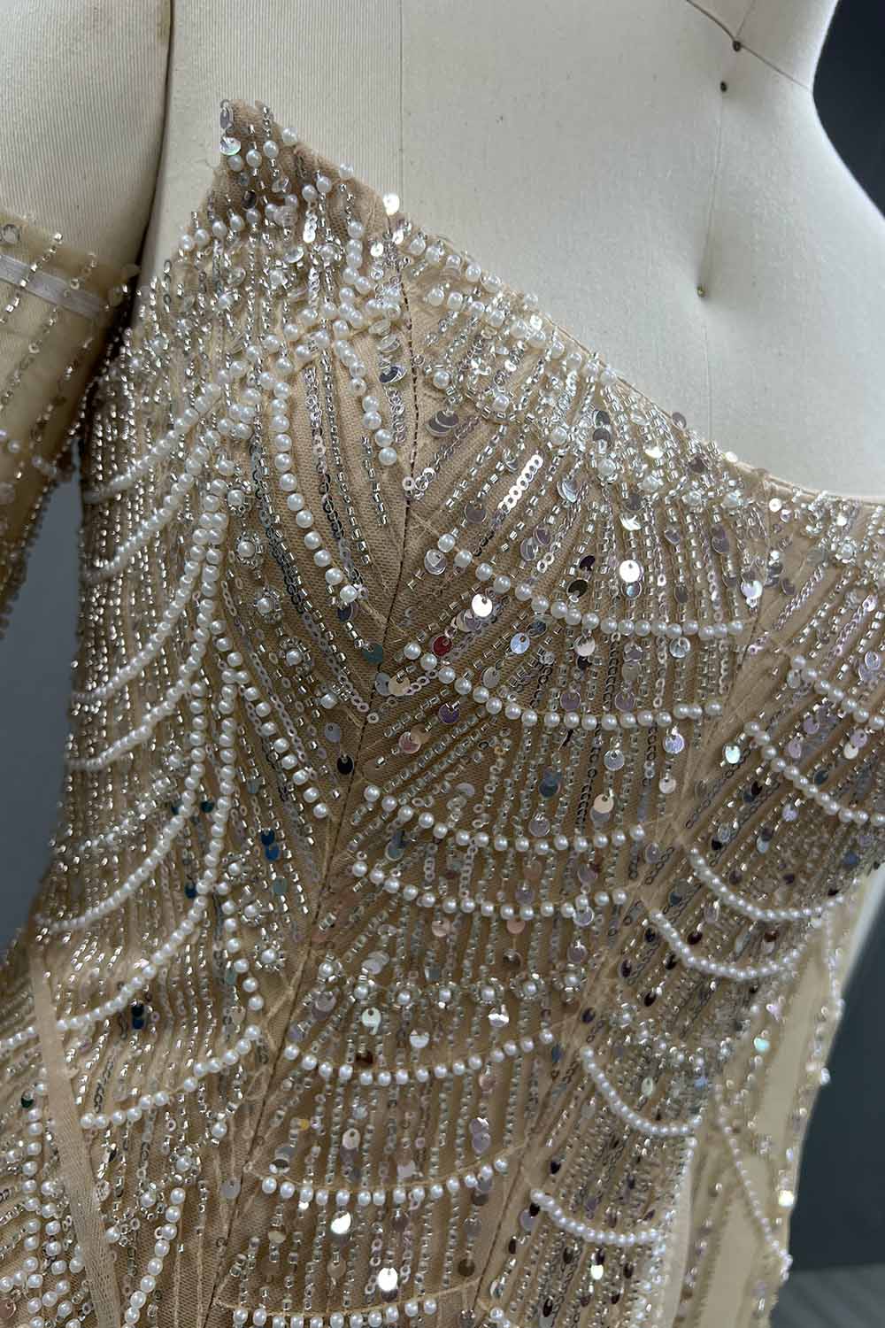 YQLNNE 073 Nude Pearls Beading Long Evening Dress Mermaid Prom Party Gown